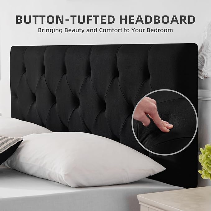 Linen Fabric Upholstered Headboard Queen Size, Modern Diamond Tufting Solid Wood Queen Headboard Only, Adjustable Height from 37” to 51” Head Board, Bed Frame or Wall Mount Headboards, Black