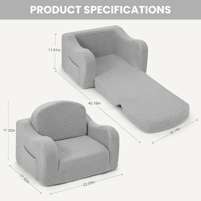 Comfy Toddler Chair & Kids, 2-in-1 Soft Couch Fold Out for Kids, Toddler Chairs Comfy 1-3 Years Old, Convertible Plush Sofa to Lounger for Girls and Boys,Light Grey