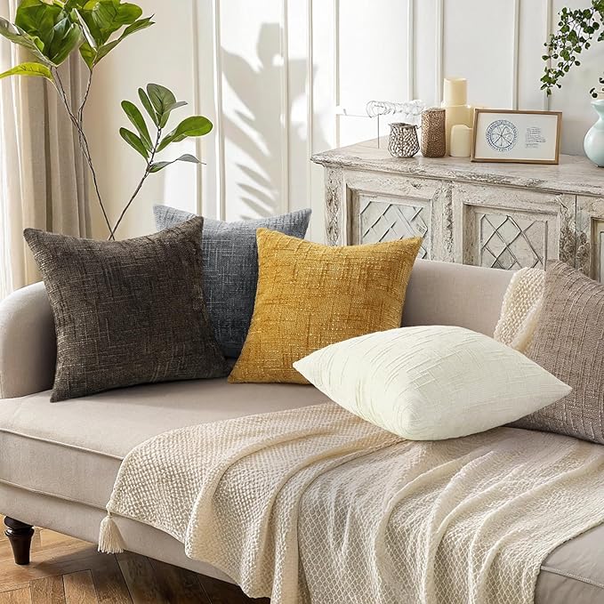 decorUhome Oatmeal Chenille Throw Pillow Covers 24x24 Set of 2 Thick Textured Slubby Couch Pillow Covers Farmhouse Accent Modern Neutral Decorative Pillow Cases for Bed Sofa Living Room