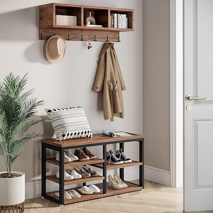 LITTLE TREE Coat Shoe Rack, Hall Tree Entryway Bench Set for Hallway, Living Room, Bedroom, Brown