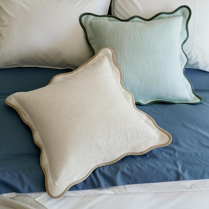 Double Stitch Scalloped Throw Pillow Covers - 100% Cotton Decorative Boho Pillow Covers 20 x 20, Made in India, Square Cushion Case, Modern Home Decor for Couch Sofa Living Room, Cream