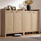 SICOTAS Shoe Cabinet Set of 2, Large Capacity Shoe Storage Organizer Cabinet, Tall Rattan Shoe Cabinet with Doors and Shelves, 6-Tier Farmhouse Boho Wooden Storage Cabinet for Entryway, Light Oak