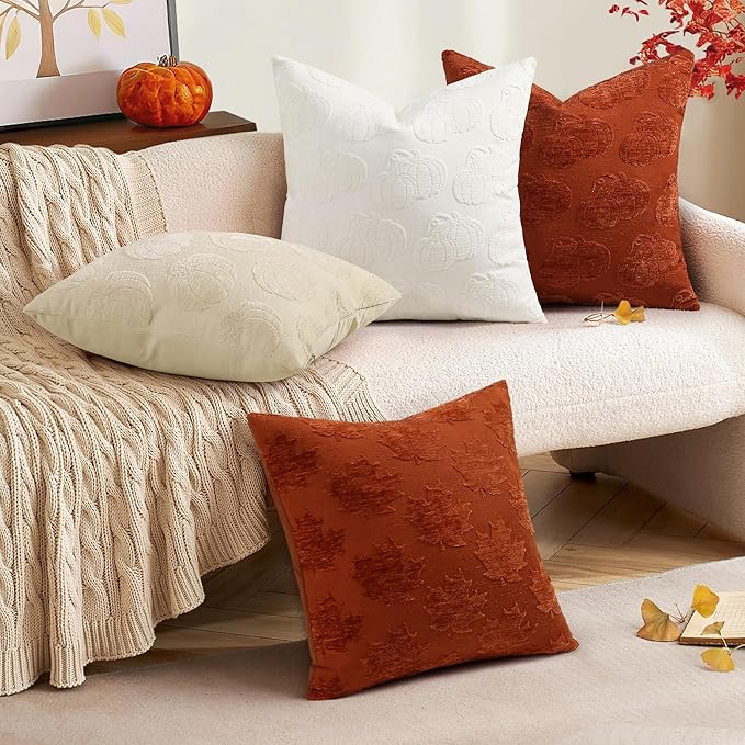 decorUhome Decorative Two Beige Pumpkins Thanksgiving Throw Pillow Covers 18x18 Set of 2, Soft Chenille Jacquard Farmhouse Textured Pillow Covers for Couch Bed Sofa Autumn Harvest Halloween Holiday