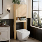 VINGLI Fluted Over The Toilet Storage Cabinet, Modern Behind Toilet Cabinet Bathroom Organizer with 2 Fluted Doors,Wood Storage Organizer Freestanding with Adjustable Shelf for Bathroom,Natural Oak