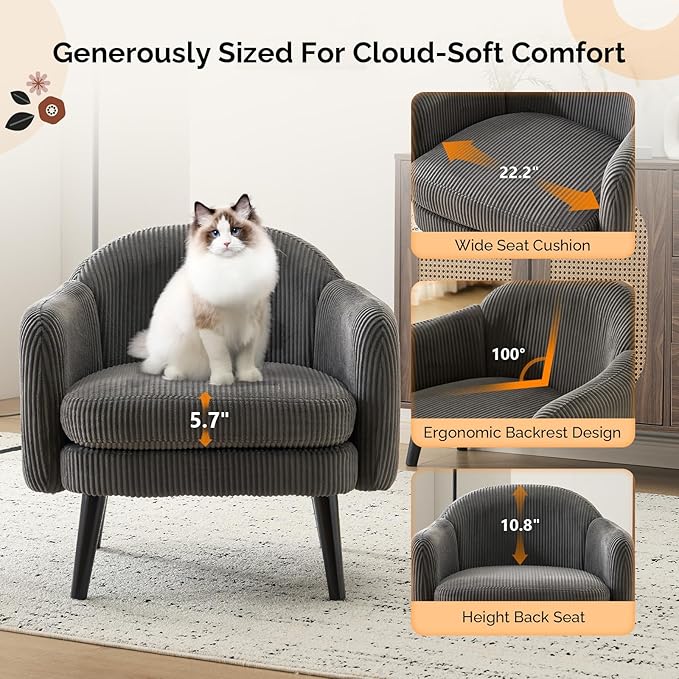 VINGLI 30.3" Wide Modern Barrel Accent Armchair with Track Armrest, Solid Wooden Legs, Comfy Upholstered Club Chair, Round Single Home Sofa for Living Room, Bedroom, Reading Room, Corduroy Grey