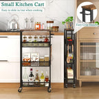 Slim Storage Cart 4 Tier Narrow Kitchen Rolling Cart on Wheels for Small Space, Mobile Utility Cart Shelving Unit with Wooden Top and Metal Handle for Kitchen, Bathroom, Laundry Room