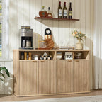 LEYAOYAO Fluted Buffet Cabinet with Storage, 55" Wide Wood Sideboard Credenza with 4 Doors & Open Storage Shelf, Kitchen Entryway Accent Table, Modern Console Cabinets for Dining Room, Natural Oak