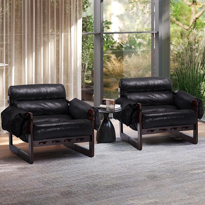Furnilivng Modern Lounge Accent Chair, Comfortable Oil Waxed Leather Arm Chair with Sturdy Wood Frame, Upholstered Cozy Sofa Chair for Living Room, Bedroom, Dressing Room, Home Office, Black