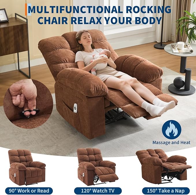 Recliner Rocking Chair with Massage and Heat, Wide Overstuffed Ergonomic Fabric Recliner with Breathable Upholstery, 2 Side Pockets & Remote Control for Living Room or Bedroom