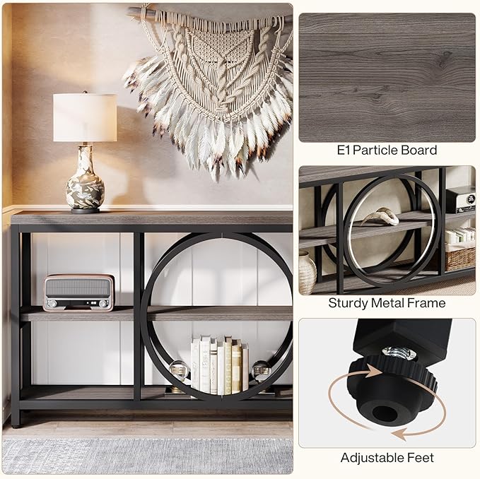 Tribesigns 70.9 Inch Extra Long Console Table for Entryway, Sofa Table Behind Couch with 3 Tier Wood Storage Shelves Industrial Metal Frame for Living Room Hallway Entryway, Black Rustic Gray