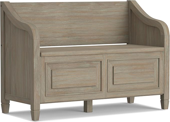 SIMPLIHOME Connaught SOLID WOOD 42 inch Wide Traditional Entryway Storage Bench in Distressed Grey for the Living Room, Entryway and Family Room