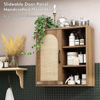 RUSTOWN Boho Rattan Wall Cabinet, Midcentury Bathroom Cabinet with Sliding Door, Adjustable Shelves, Over The Toilet Storage Cabinet (Rustic Oak)