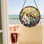 Stained Glass Window Hanging, Vintage Bee Yellow Flower Sun Catcher for Window Door Home Decor Suncatcher Christmas Mother's Day Birthday Gifts for Women Men Mom and Nana 15 in