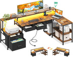 AODK L Shaped Desk with 5 File Drawers, 66" Reversible L Shaped Computer Desk with Power Outlet & LED Strip, Office Desk with Storage Shelves, Gaming Table with Monitor Shelf, Corner Table, Vintage