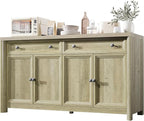 Farmhouse Buffet Cabinet with Storage, 59" Large Sideboard Credenza with Adjustable Shelves & 4 Doors, Wood Rustic Kitchen Coffee Bar Console for Table Living Room, Natural