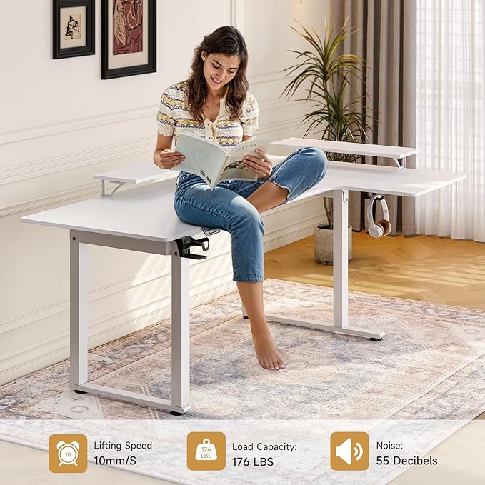 L Shaped Standing Desk, 71x43'' Electric L Stand Up Desk with 2 Adjustable Monitor Shelves, Dual Motor and Memory Controller, Adjustable Height from 28-46'' for Home and Computer Workstation, White