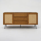 NTC MOSSIC Large Sideboard with 2 Doors and 3 Drawers, Buffet Cabinet with Natural Rattan and Metal Legs, Modern Storage Cabinet for Living Room, and Hallway, Effortless Assembly - Rustic Oak