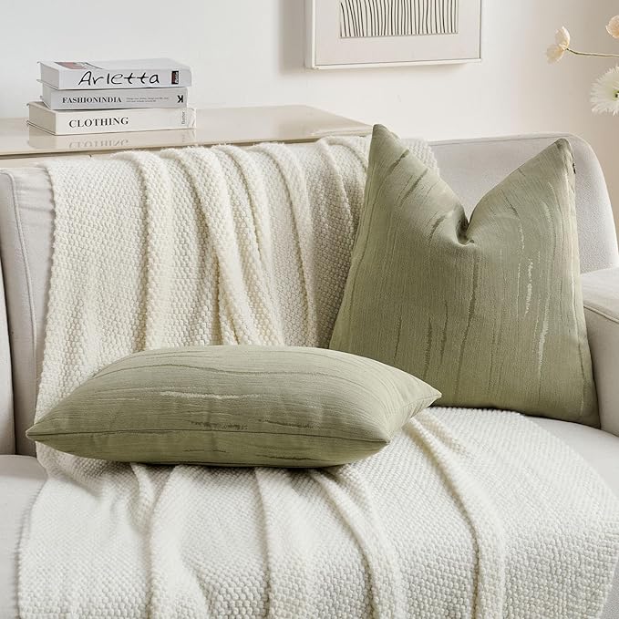 FUTEI Olive Green Chenille Decorative Throw Pillow Covers 18x18 Inch Set of 2,Soft Embossed Striped Textured Cushion Case,Modern Home Decor for Couch Bed Living Room