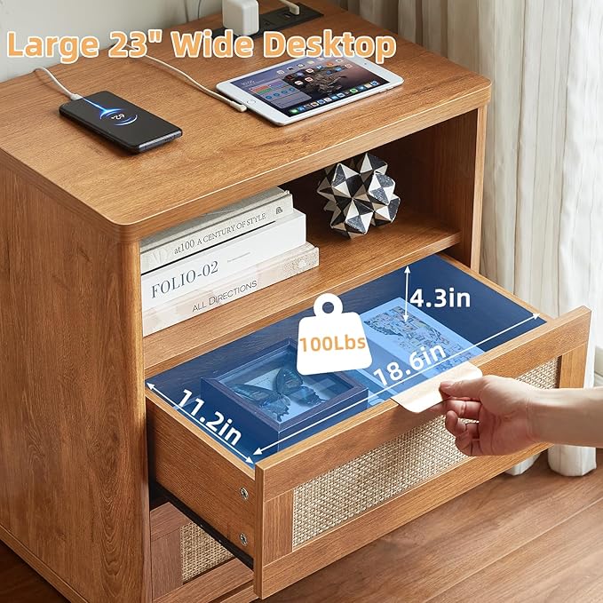 LEYAOYAO Rattan Night Stand with Charger Station, 23" Wide Boho Nightstand with 2 Drawers, Natural Wood Bedside Table Open Storage Cabinet, Bed Side End Tables Dresser for Bedroom, Living Room Hallway