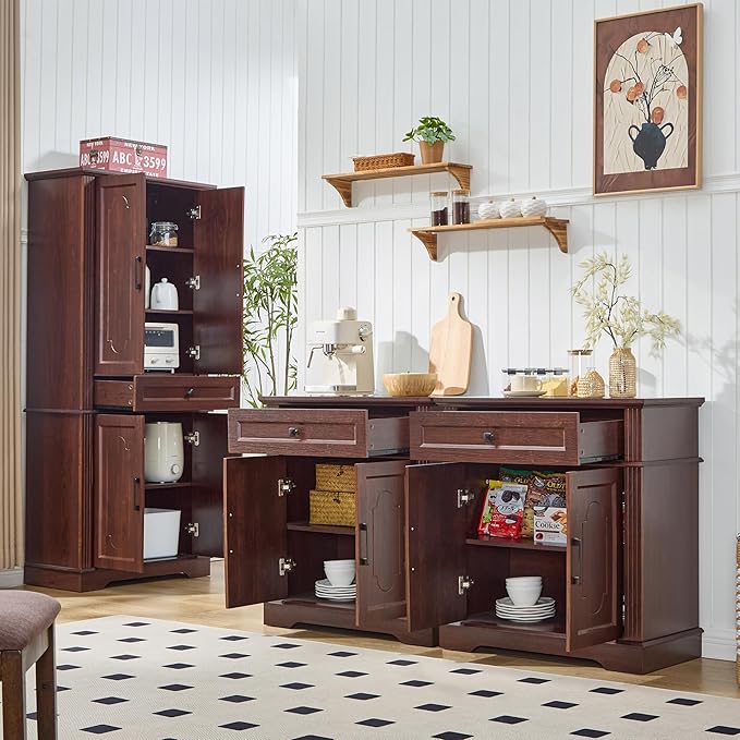 Farmhouse Storage Cabinet with 2 Doors and 1 Drawer, Adjustable Shelf, Freestanding Kitchen Pantry Cabinet, Modern Buffet Sideboard Coffee Bar Cabinet Living Room Bathroom Dining Room Cherry