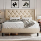 iPormis Queen Platform Bed Frame with Button Tufted Headboard, Upholstered Bed Frame with Solid Wooden Slats, 8" Under-Bed Space, No Box Spring Needed, Easy Assembly, Noise Free, Beige