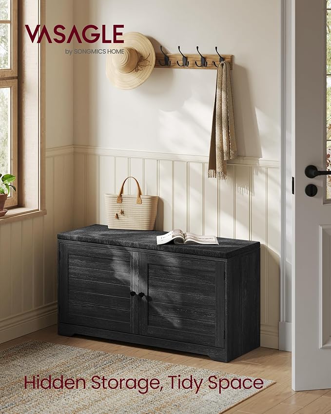 VASAGLE Shoe Storage Bench with Cushion, 3-Tier Entryway Bench with Padded Seat, Doors, Adjustable Shelves, 14 x 39.8 x 20.7 Inches, for Hallway, Bedroom, Charcoal Gray and Ink Black ULSB044B01