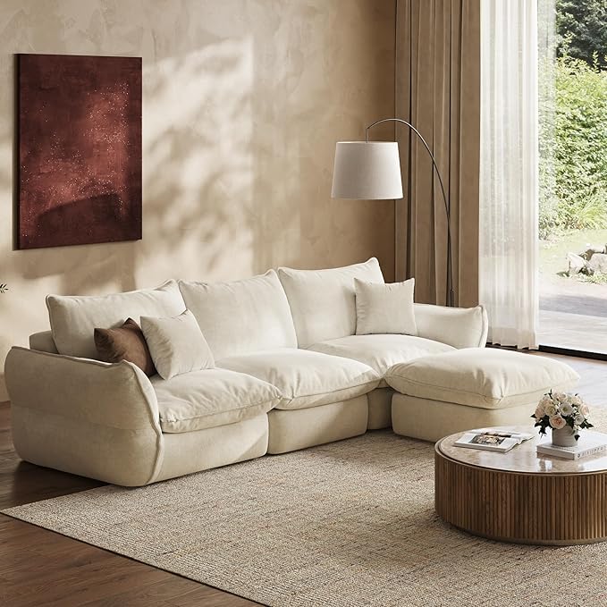 106'' Down Blend L-Shaped Sectional Sofa, Deep Seat Feather-Filled Cushions, Oversized Cloud Couch with Sink-in Comfort, Modern Living Room Sofa – Ivory White