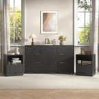 3-Piece Modern Bedroom Furniture Set, Wide 7-Drawer Dresser & 1-Drawer Nightstands Set of 2, Natural Wood Dresser and Nightstand Sets for Bedroom, Hallway, Black