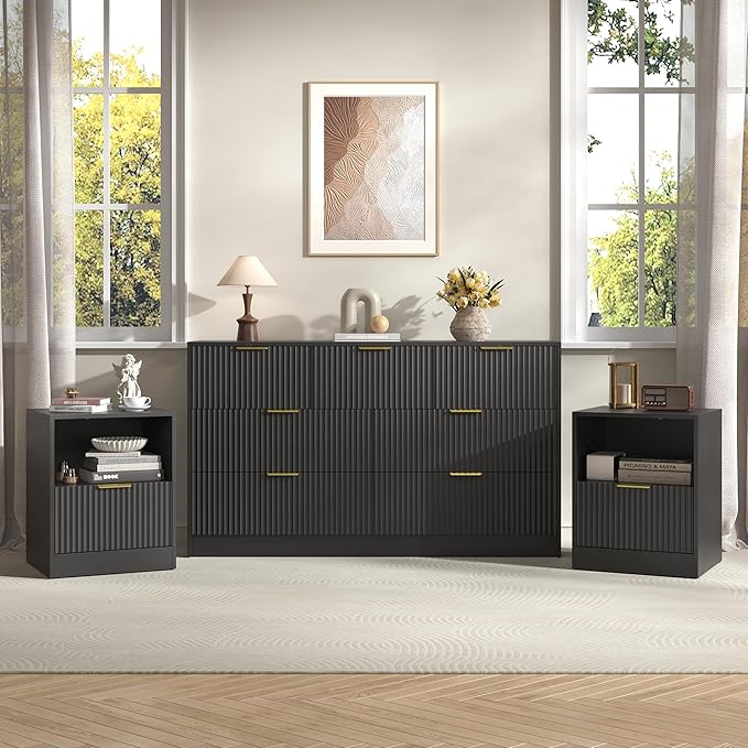 3-Piece Modern Bedroom Furniture Set, Wide 7-Drawer Dresser & 1-Drawer Nightstands Set of 2, Natural Wood Dresser and Nightstand Sets for Bedroom, Hallway, Black