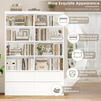 FINETONES 71" White Bookshelf with Drawers, 47.3" Double Wide Bookshelves and Bookcases with Storage, Tall Bookshelf Large Open Book Shelf Standing Book Case for Home Office, White