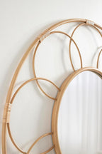 Kate and Laurel Cori Boho Round Mirror; 34 Inch Diameter; Natural; Light Decorative Metal Mirror with Rattan Accenting for Coastal Home Wall Decor