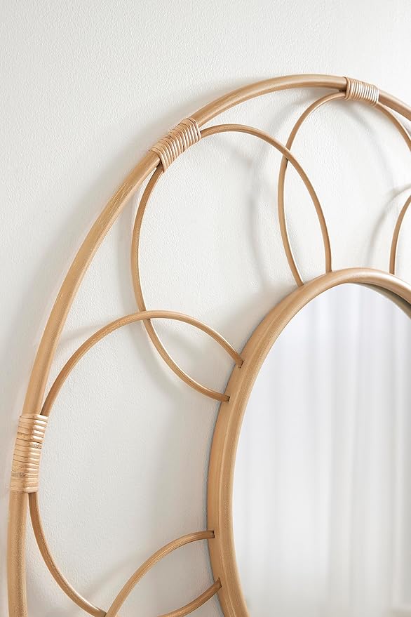 Kate and Laurel Cori Boho Round Mirror; 34 Inch Diameter; Natural; Light Decorative Metal Mirror with Rattan Accenting for Coastal Home Wall Decor
