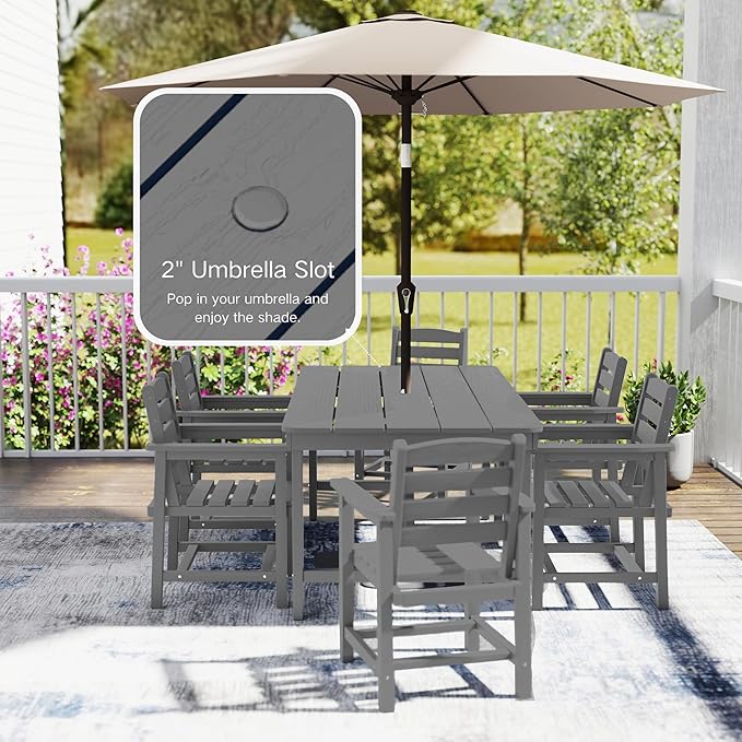 7 Piece Patio Dining Set with 11ft Patio Umbrella (Gray), 7 Gray Outdoor HDPE Dining Set with 6 Chairs + 1 Large Table with 2" Umbrella Hole, for Market, Pool, Garden, Backyard, Deck