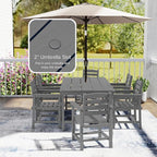 7 Piece Patio Dining Set with 11ft Patio Umbrella (Black), 7 Gray Outdoor HDPE Dining Set with 6 Chairs + 1 Large Table with 2" Umbrella Hole, for Market, Pool, Garden, Backyard, Deck