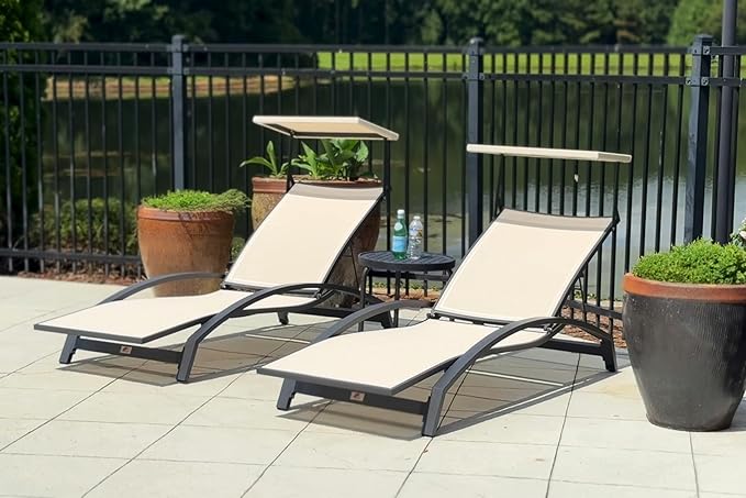 PURPLE LEAF Patio Lounge Chair with Canopy Shade Outdoor Chaise Lounge Chair Set of 2 for Lawn Poolside Backyard Sunbathing Tanning Chairs with Arm Beige