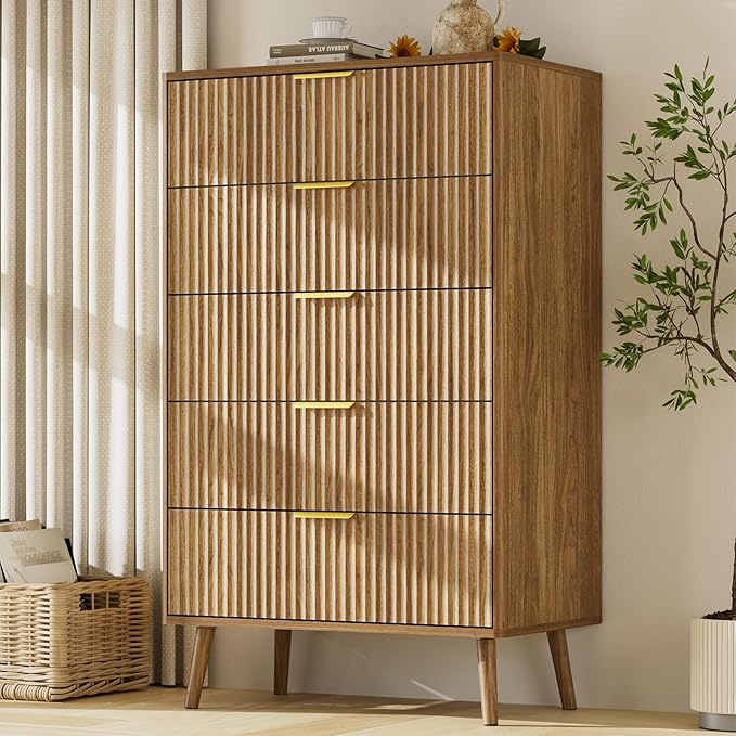 LYNSOM Fluted Dresser and Nightstand Sets 3 Piece, 5-Drawers Dresser and 2-Drawer Nightstands Set of 2, Wood Bedroom Furniture Set for Home, Bedroom, Hallway, Natural Oak