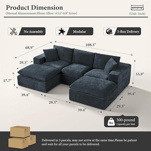 108" Sectional Couches for Living Room Boneless Couch Upholstered Cloud Couch Sectional Modular Sectional Sofa with L Shaped (Chenille-Blue, 3 Seat+2 Ottoman)