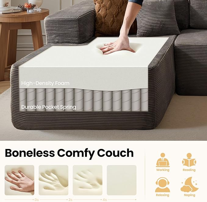 104" Cloud Sectional Couch with Chaise, Boneless L-Shaped Cloud Couch with Deep Seat, Corduroy Modern Minimalist Sofa, Assembly Free Comfy Sofa for Office Living Room Apartment(Grey, Left Chaise)