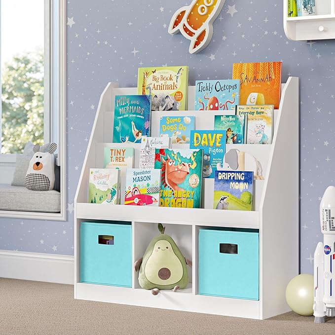RiverRidge Kids Bookrack with Three Cubbies and 2 Aqua Bins