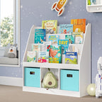 RiverRidge Kids Bookrack with Three Cubbies and 2 Aqua Bins