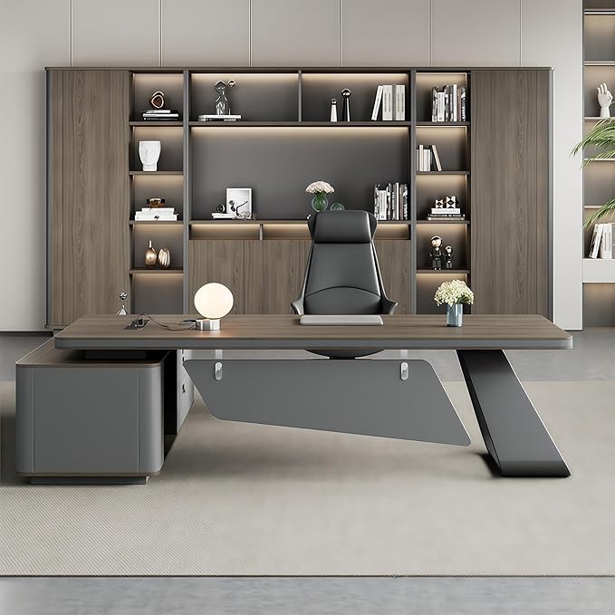L Shaped Executive Desk, 78.7 inch Large Executive Computer Desk Set Drawers and Lockable, Power Socket and USB Port Storage, Without Display Racks and Bookshelves