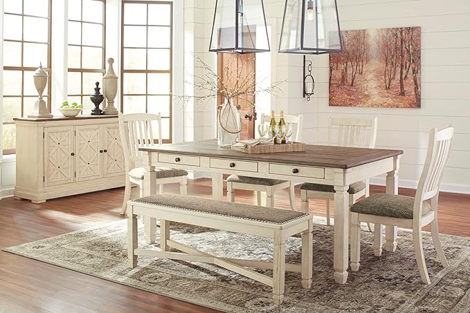 Signature Design by Ashley Bolanburg Casual French Country Upholstered Dining Room Bench with Nailhead Trim, Heavy Woven Fabric, Wood, Antique White & Tan