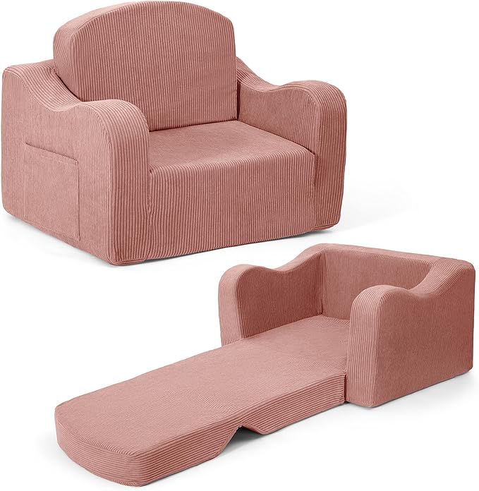 Comfy Toddler Chair for Kids, 2-in-1 Toddler Soft Plush Couch Fold Out, Convertible Kids Couch to Lounger, Baby Sofa for Boys and Girls, Pink