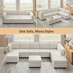VANOMi 6 Seat Modular Sectional Sofa with 2 Ottomans, 118" Convertible Modular Cloud Sofa Bed, Comfy Chenille Sofas & Couches for Living Room, Apartment, Office, Beige, Large Sofa Bed