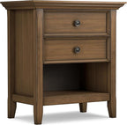 SIMPLIHOME Amherst Bedside Table - 24 inch Wide Solid Wood Nightstand Table in Rustic Natural Aged Brown, Transitional Bedroom Side or End Table with 2 Drawers, Open Storage Shelf and Bronze Hardware