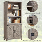 70in Tall Bookshelf 5 Tier Bookcase with Barn Doors and Adjustable Shelves, Grey Farmhouse Book Shelf with Storage Cabinet, Wood Freestanding Display Bookshelves for Bedroom, Kitchen (2 PCS)