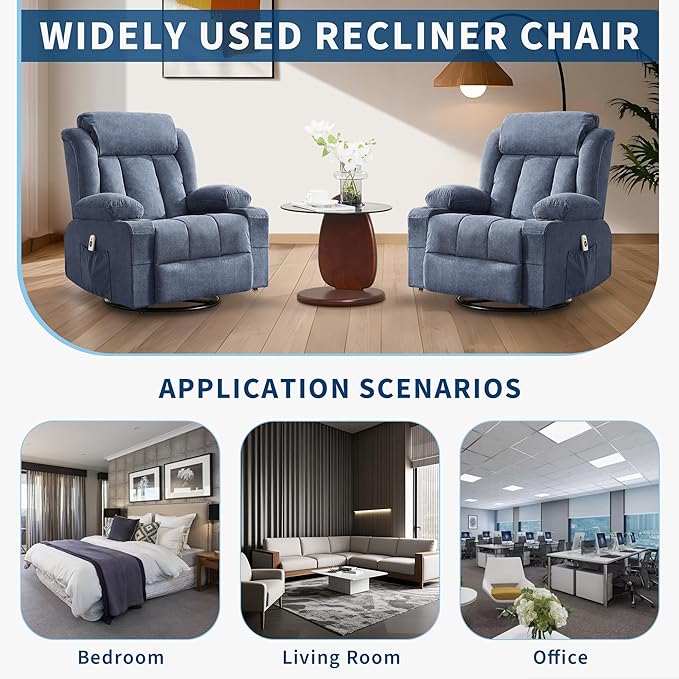 Rocking Recliner Chair with Heat and Massage, Nursery Recliner 360° Swivel Oversized Chairs for Adults, Lazy Boy Single Sofa Seat with 3 Positions, 2 Side Pockets, Cup Holders, and USB Ports, Blue