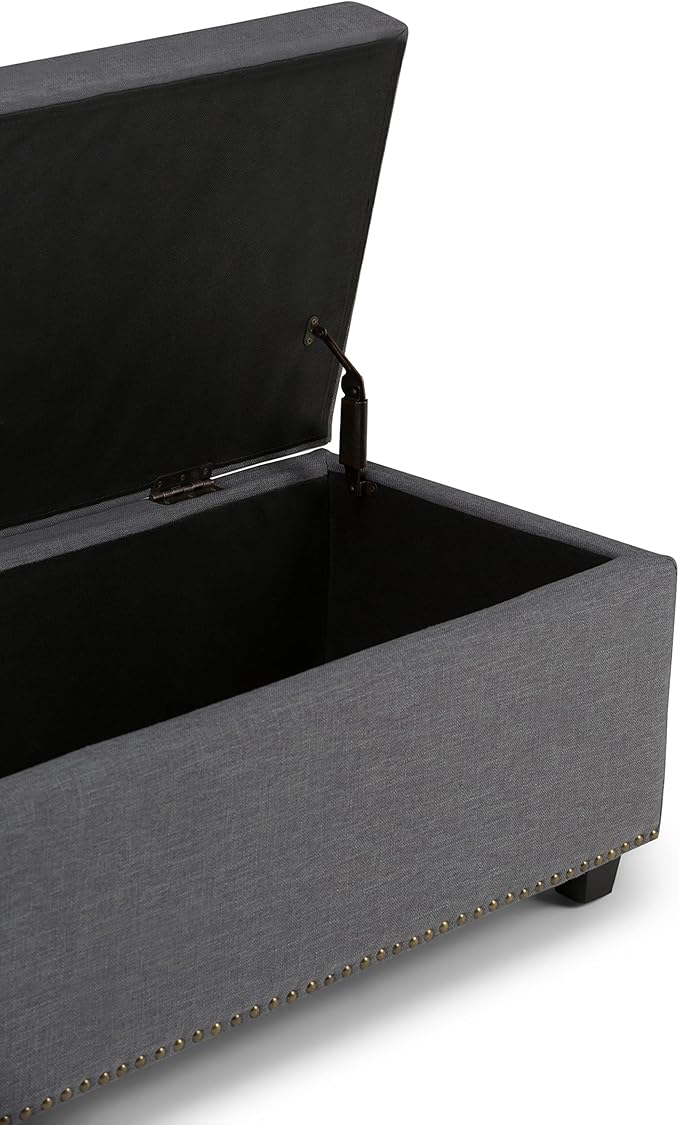 SIMPLIHOME Hamilton 48 inch Wide Transitional Rectangle Storage Ottoman in Slate Grey Linen Look Fabric, Assembled, For the Living Room, Entryway and Family Room