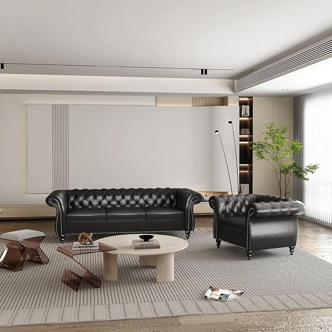 Chesterfield 3 Seater Sofa, Modern Leather Tufted Couch 3 Seater with Rolled Arms and Nailhead Mid-Century Upholstered Couch for Living Room, Bedroom, Apartment and Office, Black