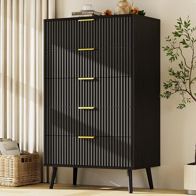 LYNSOM Fluted Dresser and Nightstand Sets 3 Piece, 5-Drawers Dresser and 2-Drawer Nightstands Set of 2, Wood Bedroom Furniture Set for Home, Bedroom, Hallway, Black